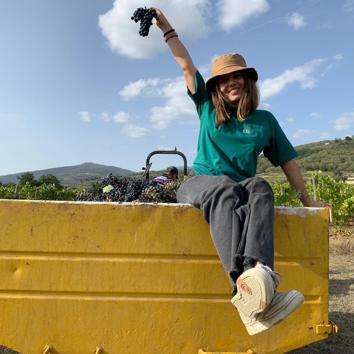 Woman holding grapes, sitting on a yellow farm vehicle, at Ejamu