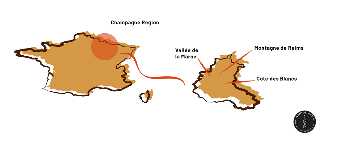 Map of France marking the Champagne region, with the Vallée de la Marne, Montagne de Reims and Côte des Blancs.