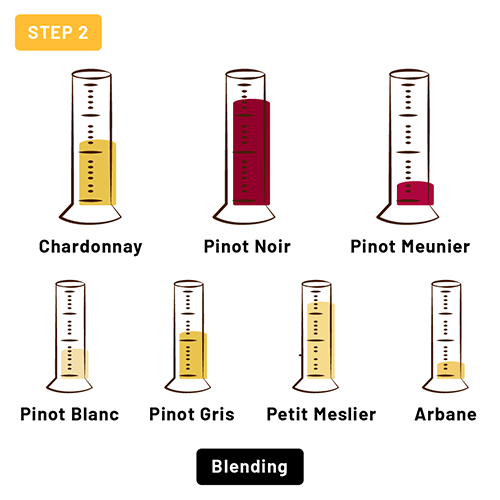 Step 2, blending: Chardonnay, Pinot Noir, Pinot Meunier, Pinot Blanc, Pinot Gris, Petit Meslier and Arbane.