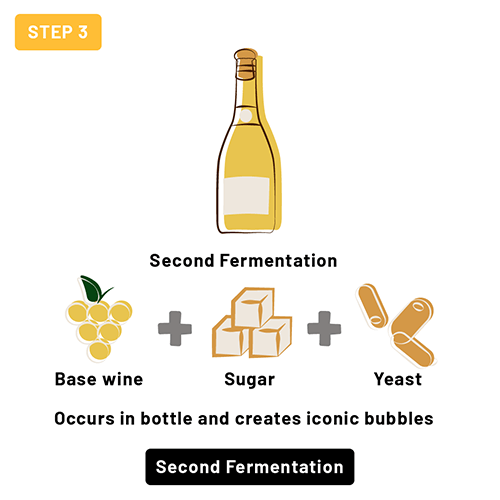 Step 3, second fermentation: base wine, sugar and yeast in the bottle create the bubbles.