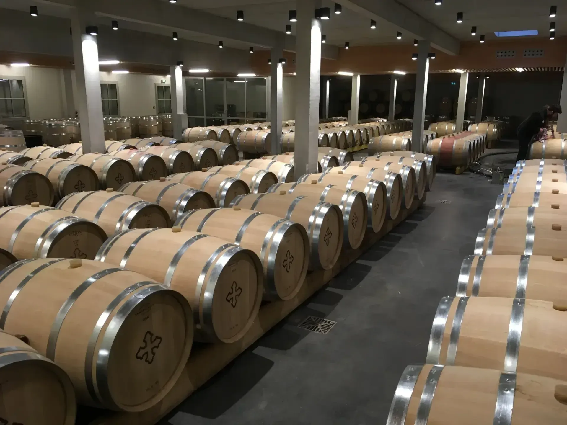 Wine barrels stored in Château de Chambrun cellar, rows upon rows.