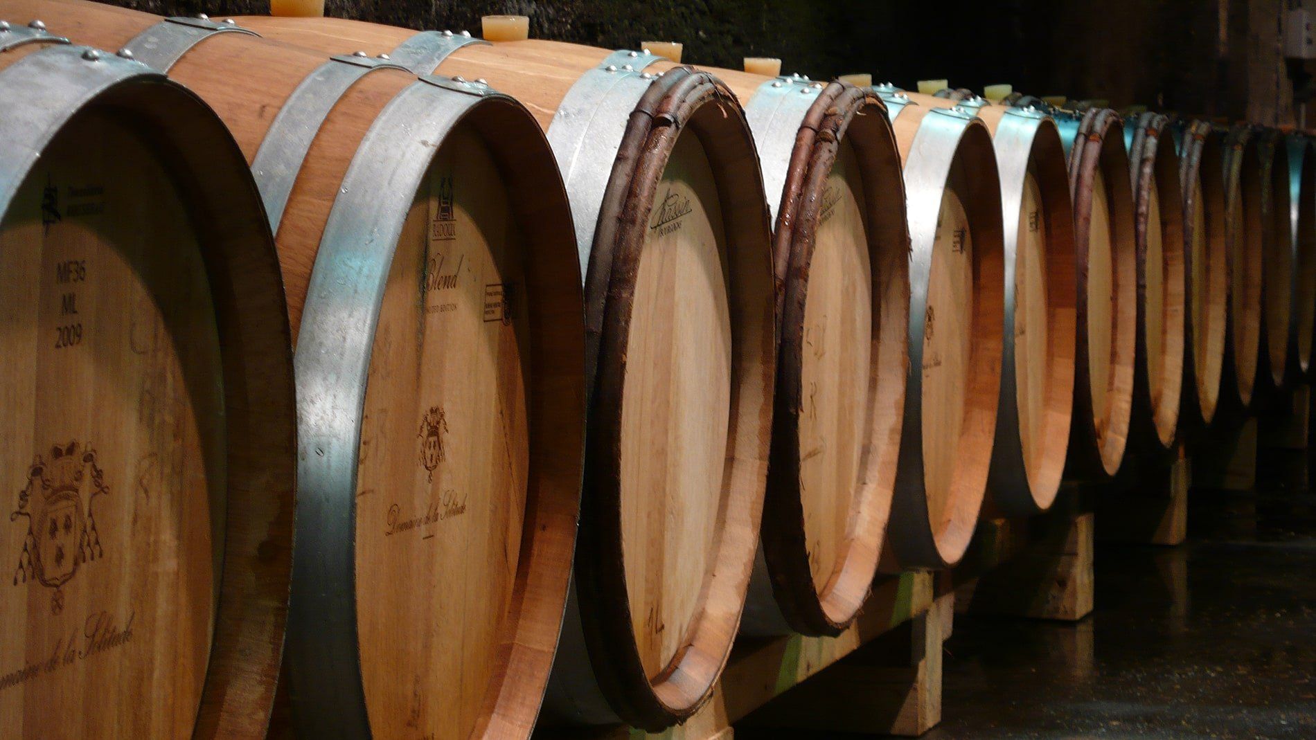 Wooden wine barrels lined up in Domaine de la Solitude cellar, held together with metal bands.