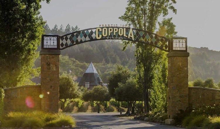 The arched entrance gate of the Francis Ford Coppola Winery.
