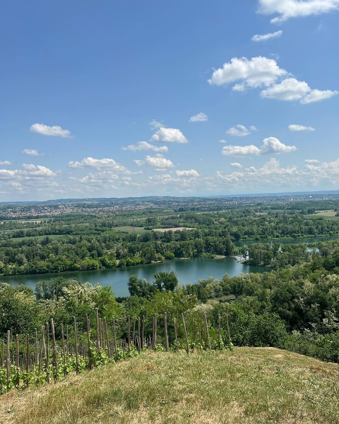 Overlooking a lake, lush green landscape under a blue sky dotted with puffy white clouds.