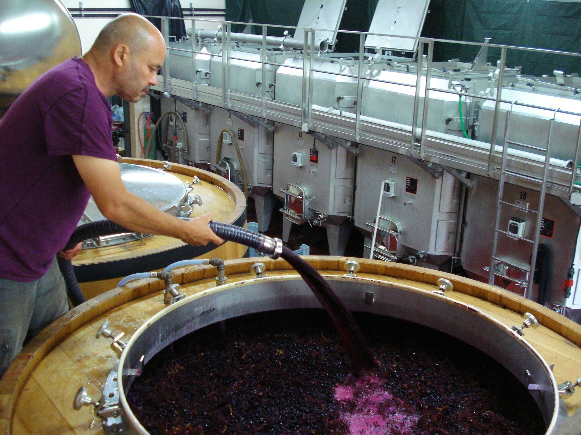 Man in purple shirt pouring wine into a large wooden vat in Francois Villard winery.