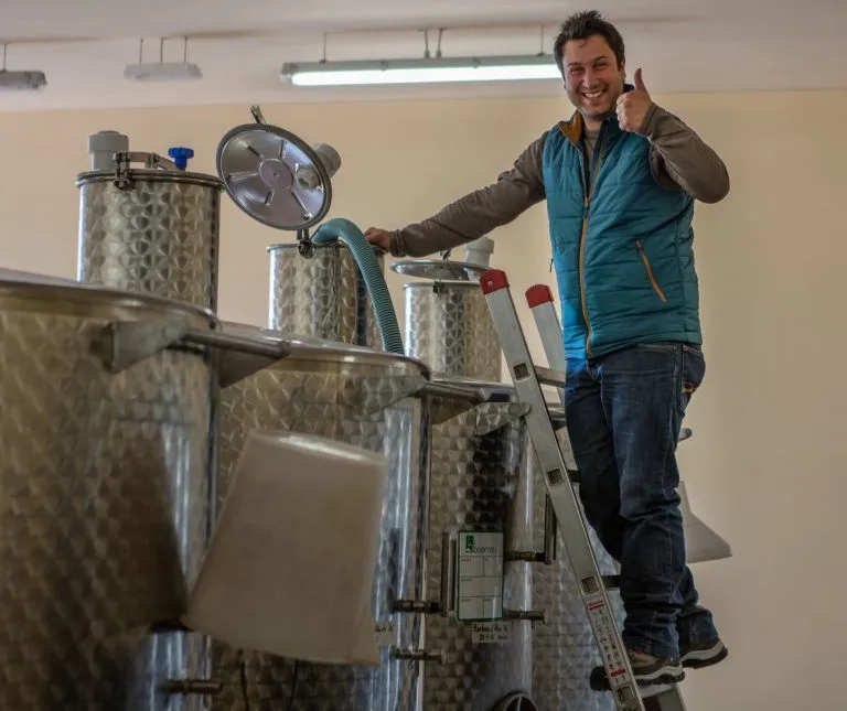 Alberto Voerzio in the cellar perched atop a botti