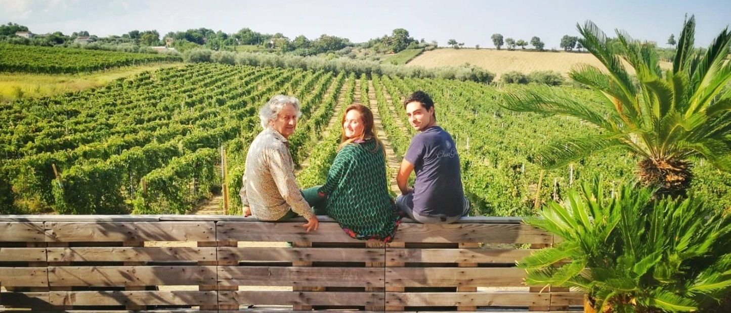 Three people sit on a wooden fence, overlooking a lush vineyard.