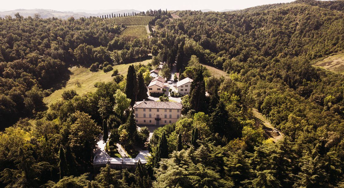 Aerial view of the Venturini Baldini villa among wooded hills, with vineyards on the slope behind.