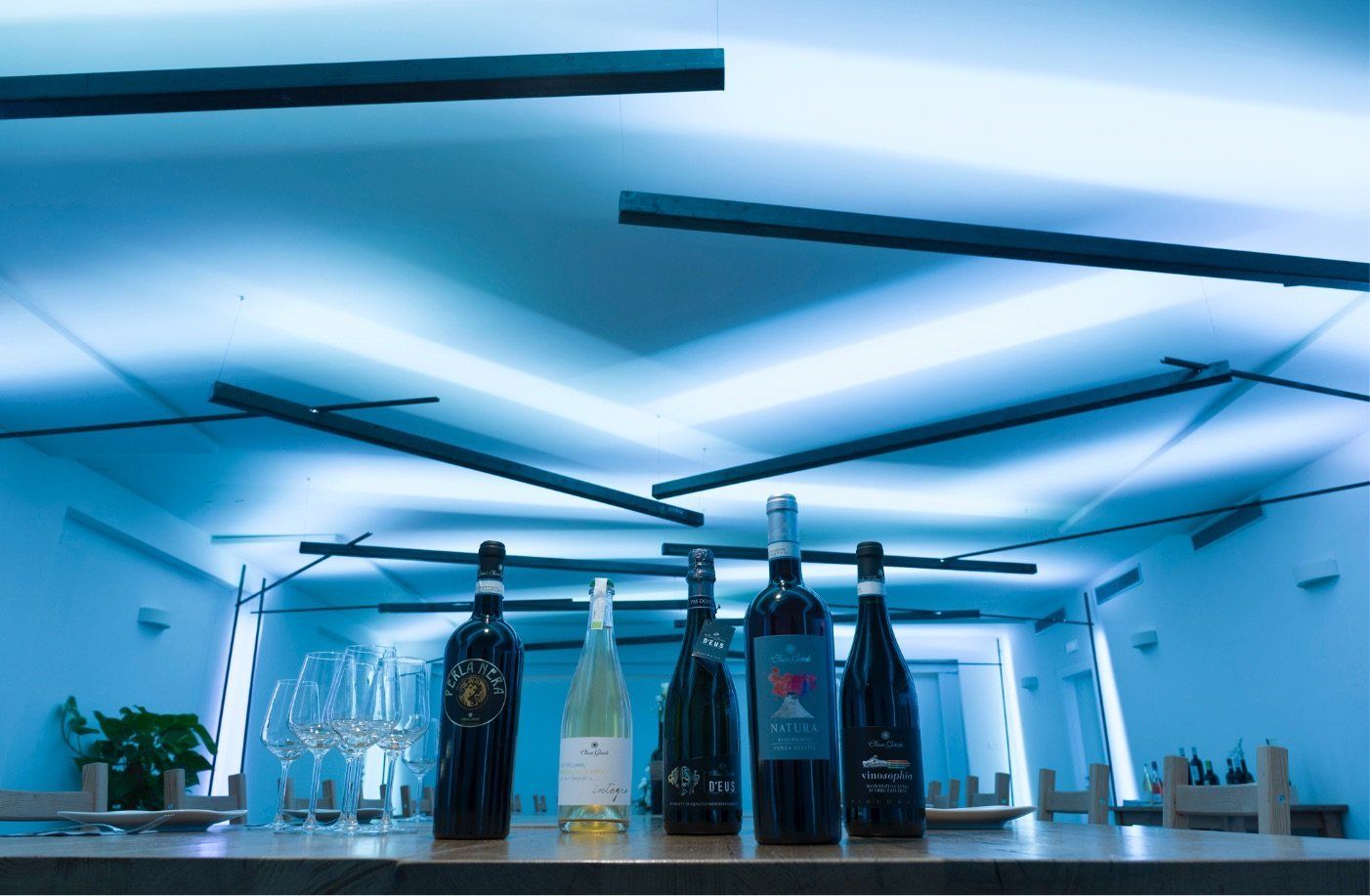 Chiusa Grande wine bottles on a table under blue-lit ceiling, alongside wine glasses.